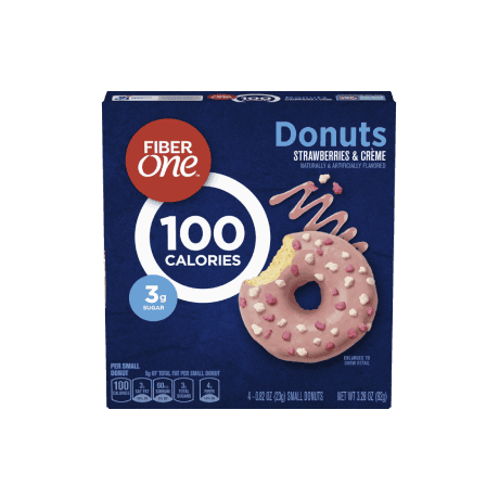 Fiber One Strawberries & Creme Donuts front of box, 4ct, 0.82oz