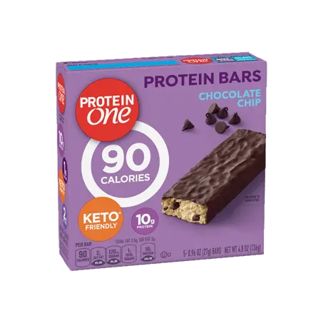 Protein One Keto Friendly Chocolate Chip Protein Bars front of pack, 5ct, 0.96oz