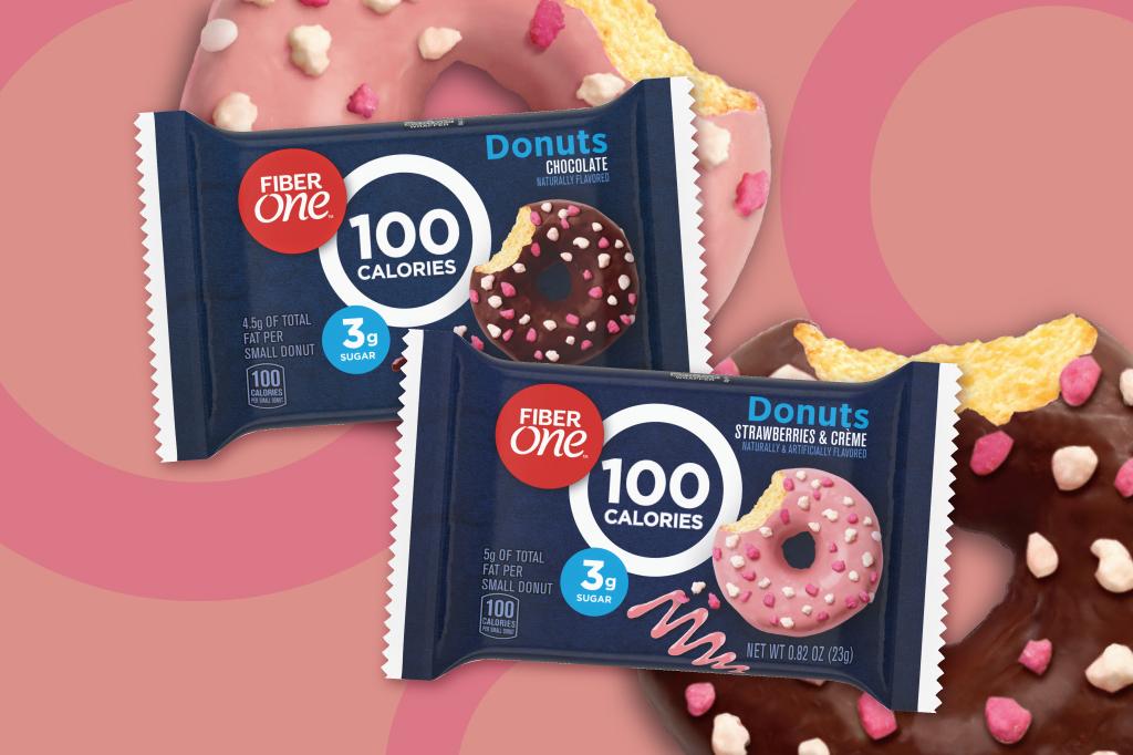 Two front facing single packs of FiberOne Donuts of Chocolate and Strawberries & Creme on a pink background with two half eaten donuts.