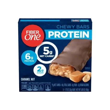 Fiber One Caramel Nut Protein Bars front of pack, 5ct, 1.17oz