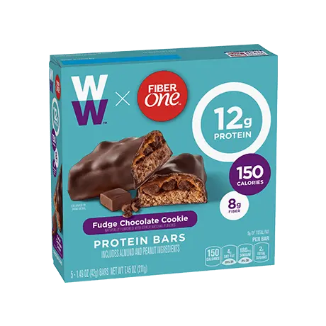 Fiber One featuring WW, Fudge Chocolate Cookie Protein Bars front of pack, 5ct, 1.49oz