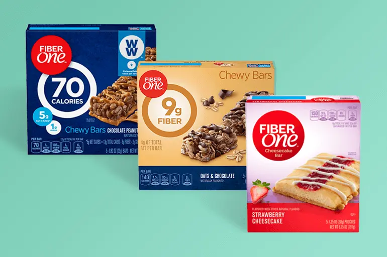 Front facing pack shots of Fiber One Chocolate Peanut Butter Chew Bars, Oats and Chocolate Chewy Bars and Strawberry Cheesecake Bar
