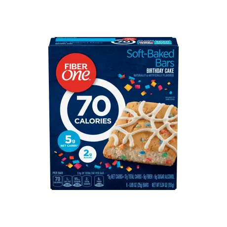 Fiber One Birthday Cake 70 Cal Soft-Baked Bars front of pack, 6ct, 0.96oz