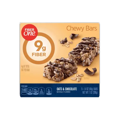 Fiber One Oats and Chocolate Chewy Bars front of pack, 5ct, 1.4oz