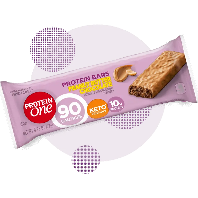 Protein One Keto Friendly Peanut Butter Chocolate Protein Bar, 0.96oz, single bar on a dotted background