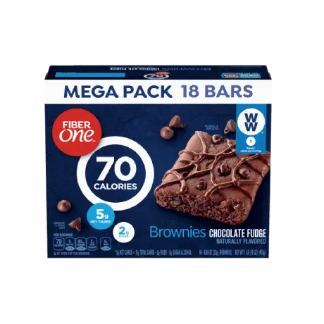 Fiber One Chocolate Fudge Brownies Mega Pack front of box, 18ct, 0.89oz