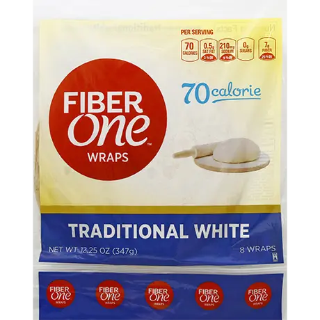 Fiber One 80 Calorie Traditional White Wraps, pack of 9, front of pack